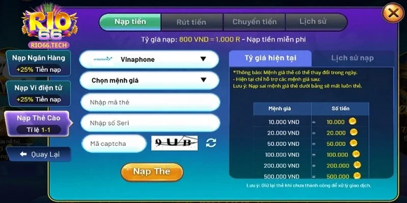 Yêu cầu cơ bản để nạp tiền Rio66